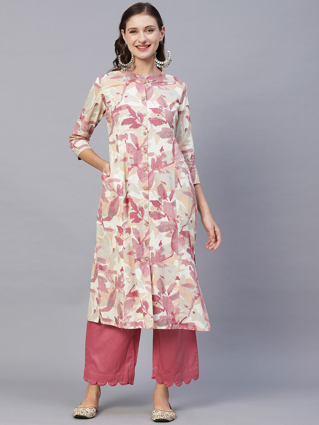 

FASHOR Pink & Cream Floral Printed Cotton A Line Kurta