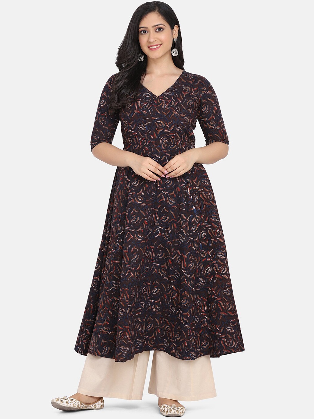 

Saanjh Brown & Navy Blue Floral Printed Pure Cotton Kurta With Palazzos
