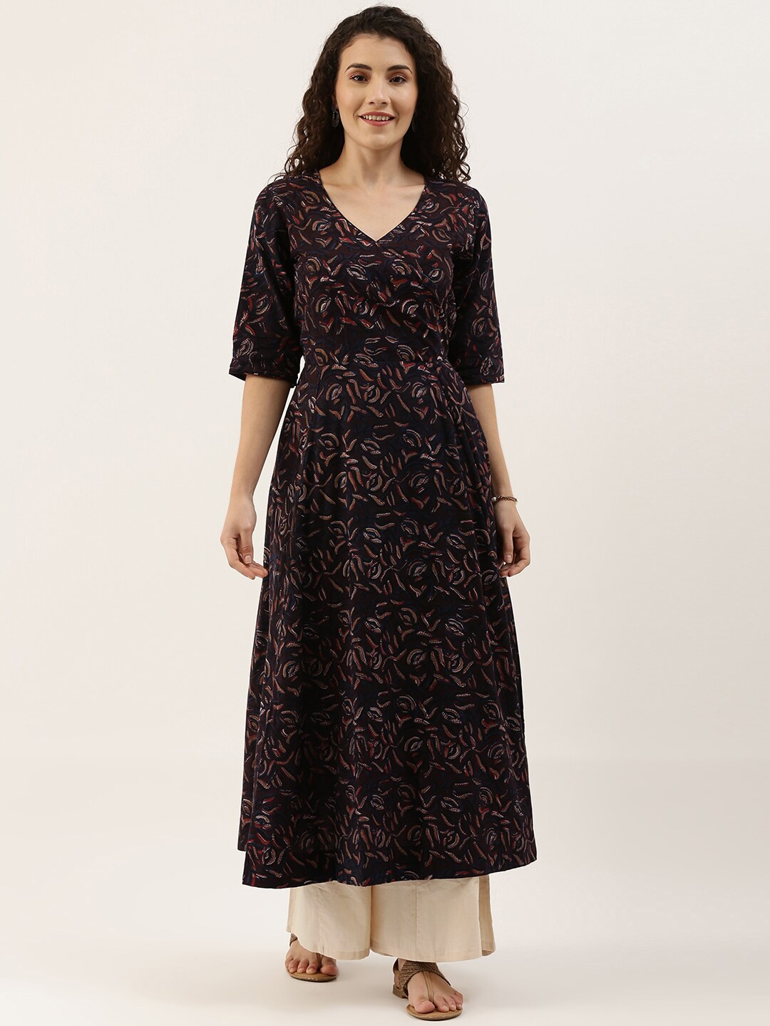 

Saanjh Burgundy Ethnic Motifs Printed Empire Pure Cotton Kurta with Palazzos