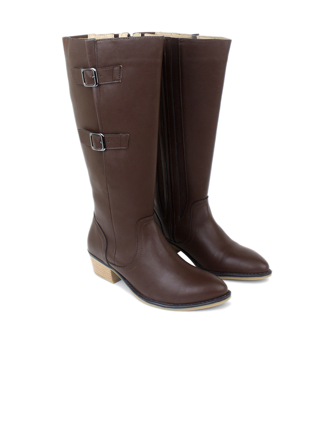 

PEPITOES Women Pointed Toe High Top Leather Block-Heel Regular Boots With Buckle Detail, Brown