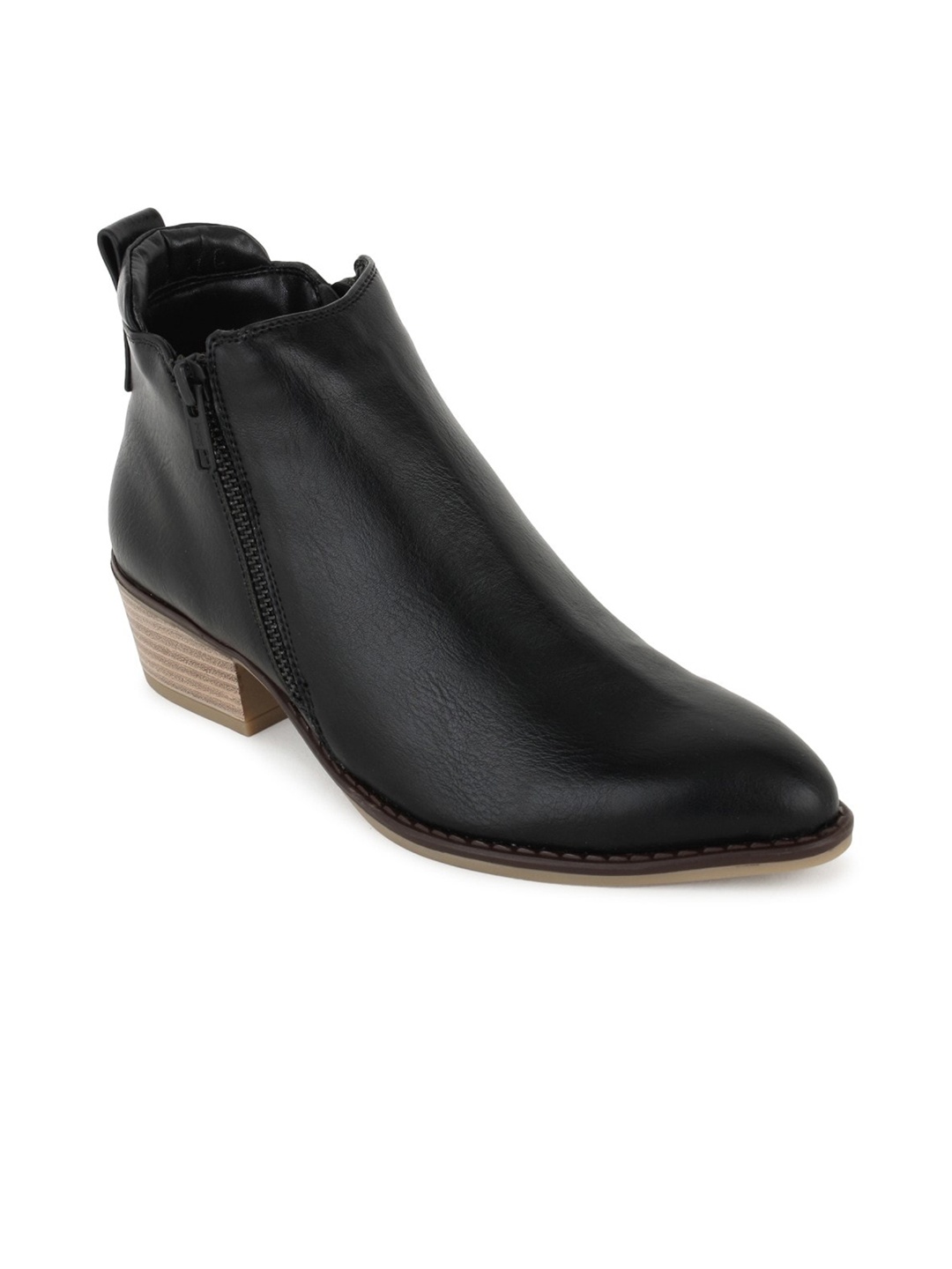 

PEPITOES Women Pointed Toe Mid Top Leather Block Heel Regular Boots, Black