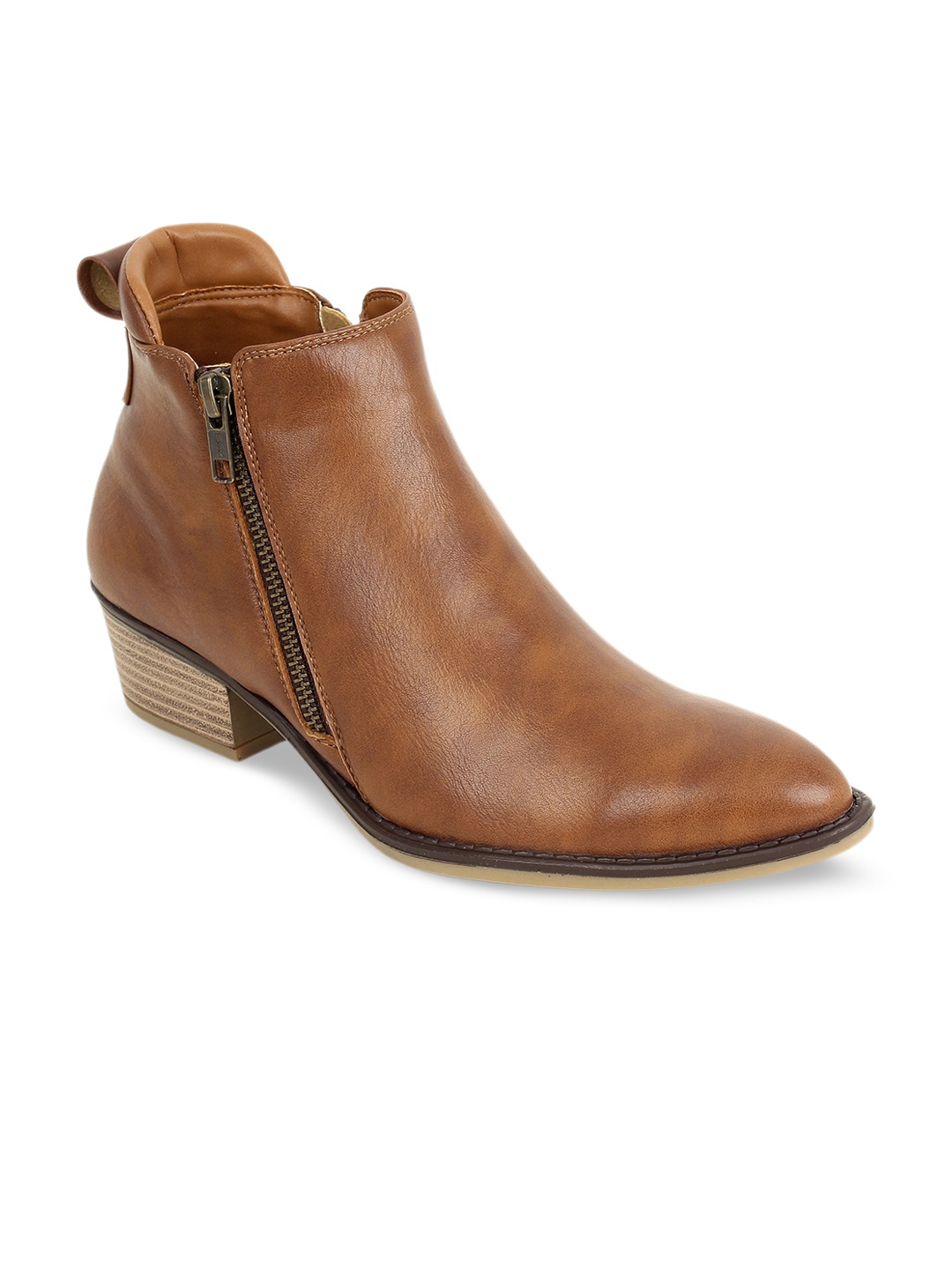 

PEPITOES Women Pointed Toe Mid Top Leather Block Heel Regular Boots, Tan