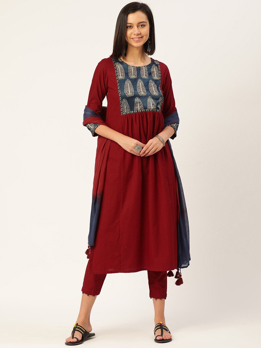 

KALINI Yoke Design Empire Zardozi Pure Cotton Kurta with Trousers & With Dupatta, Maroon