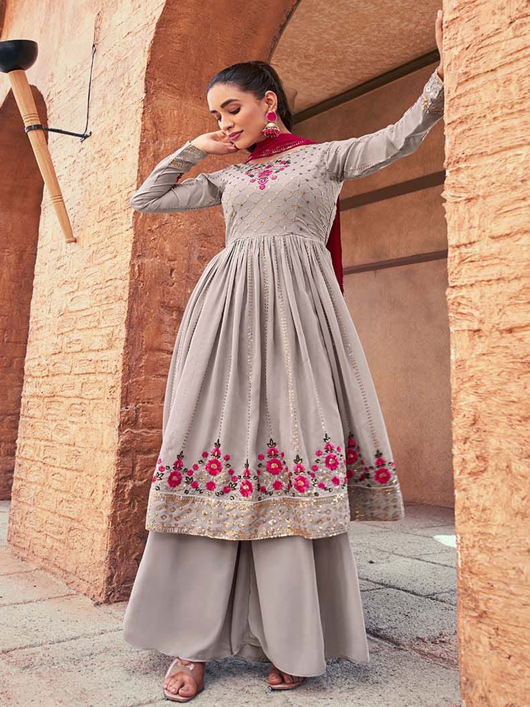 

SHUBHKALA Women Floral Embroidered Regular Sequinned Kurta With Palazzos & Dupatta, Grey