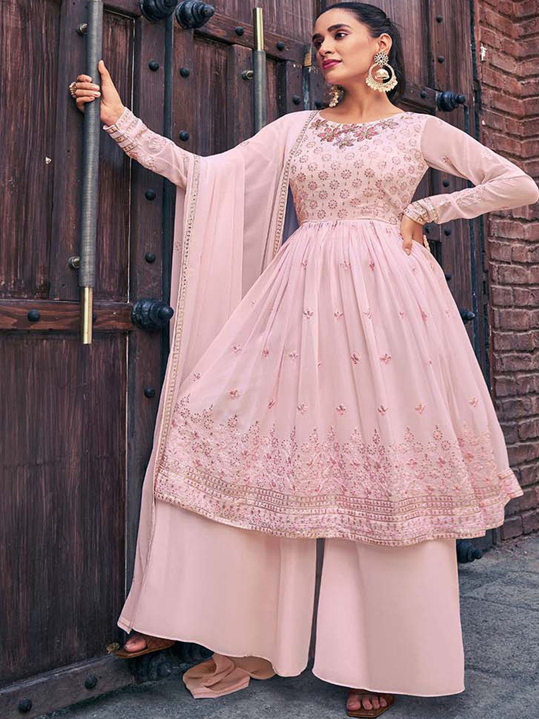 

SHUBHKALA Women Floral Embroidered Mirror Work Kurta With Palazzos & Dupatta, Pink