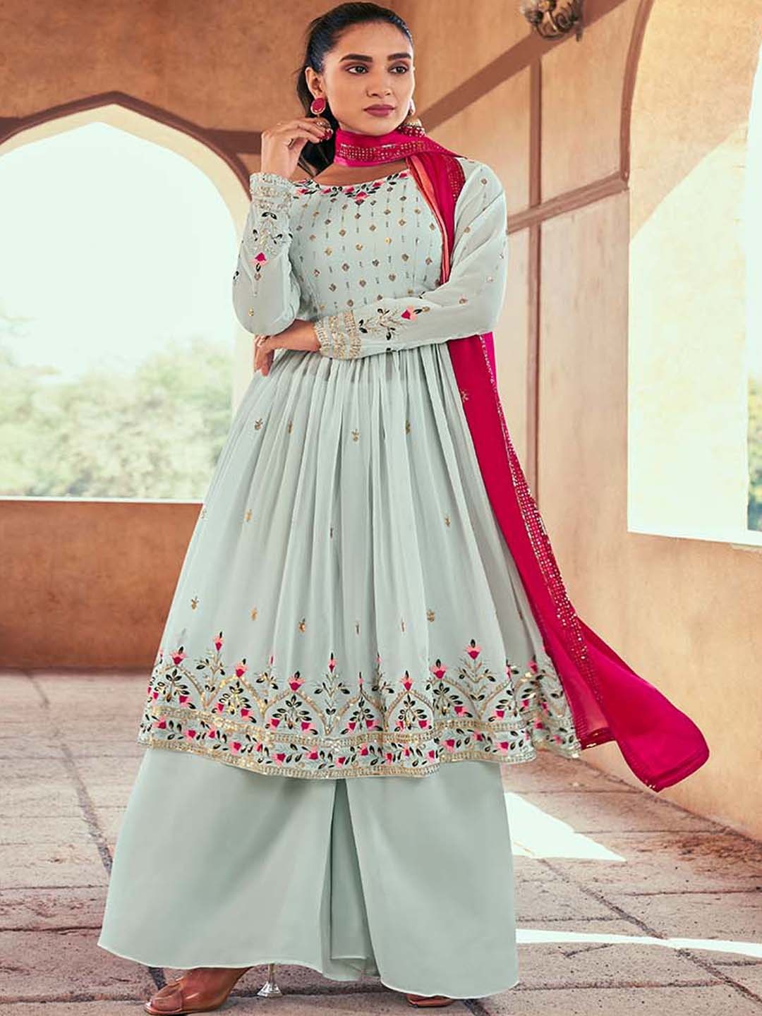 

SHUBHKALA Women Floral Embroidered Mirror Work Kurta With Palazzos & Dupatta, Blue