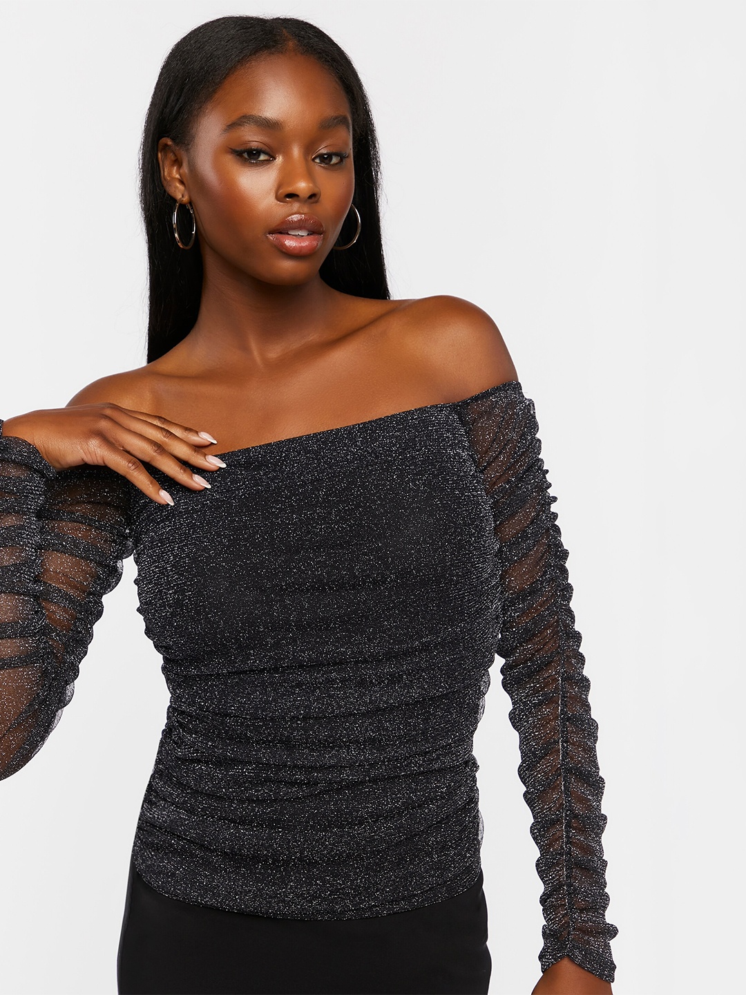 

FOREVER 21 Grey Self Design Off-Shoulder Bardot Top