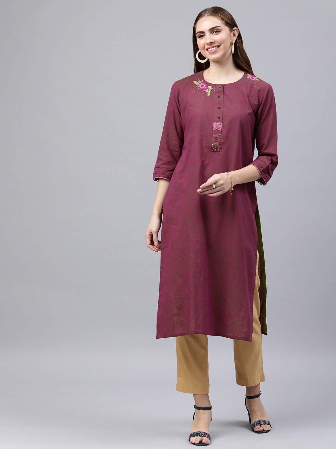 

araaliya Floral Embroidered Sequinned Pure Cotton Kurta, Purple