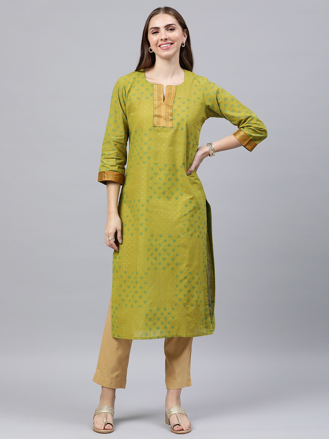 

araaliya Floral Printed Pure Cotton Kurta, Green