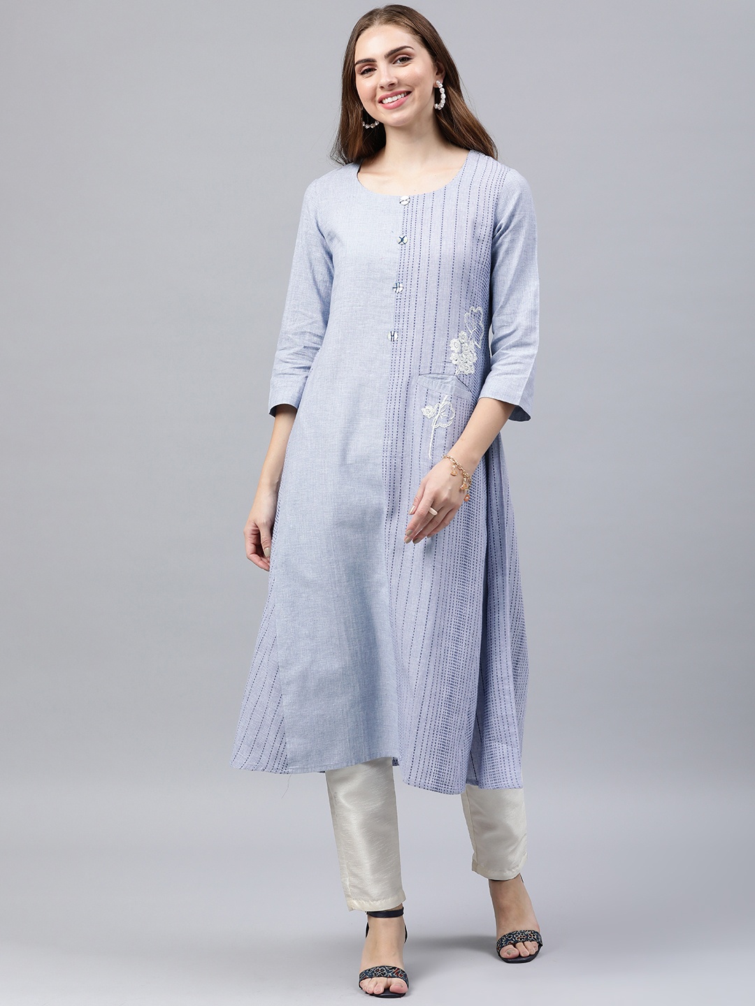 

araaliya Floral Embroidered Kantha Work Pure Cotton Kurta, Blue