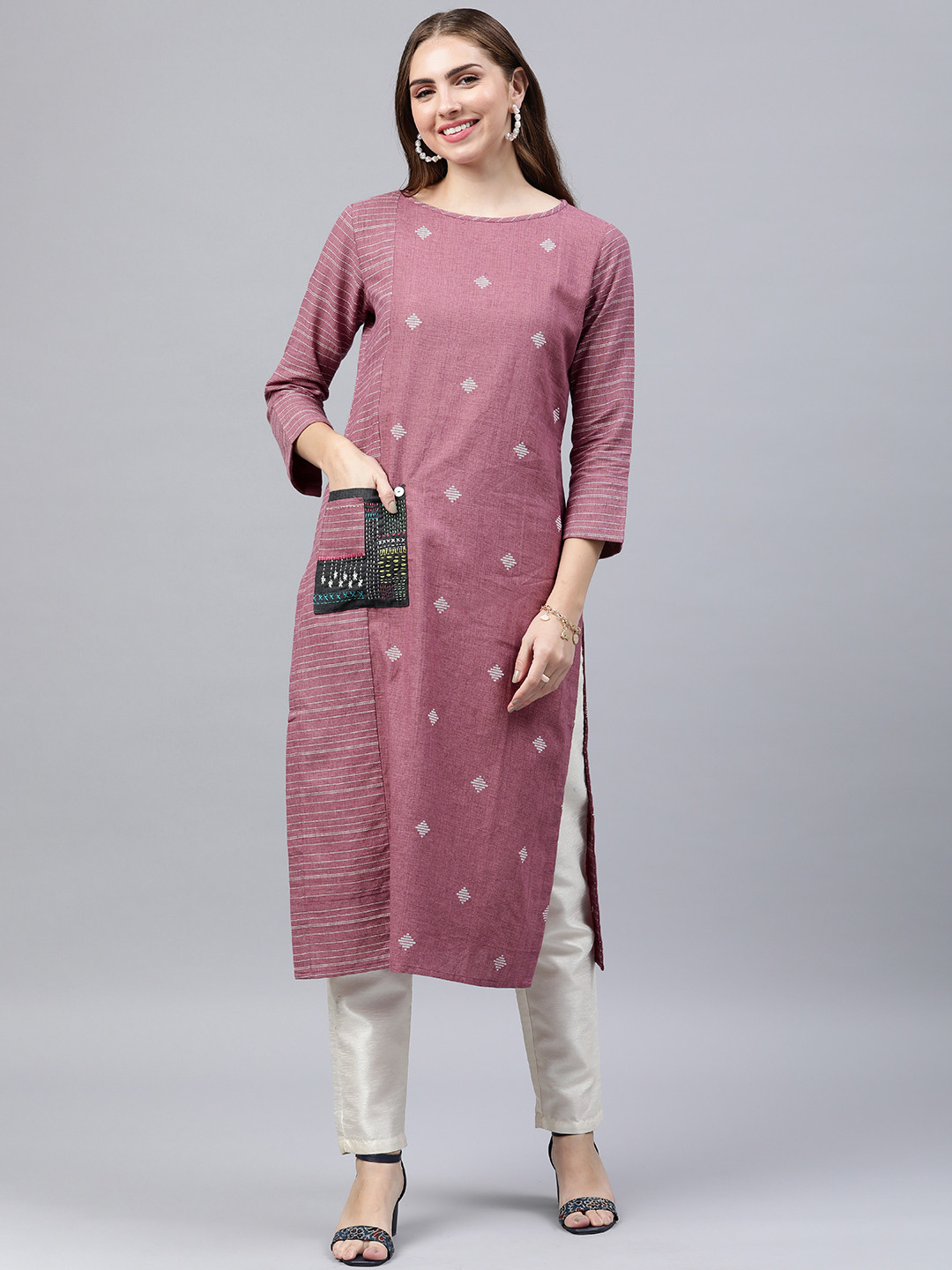 

araaliya Embroidered Kantha Work Dobby Pure Cotton Kurta, Mauve