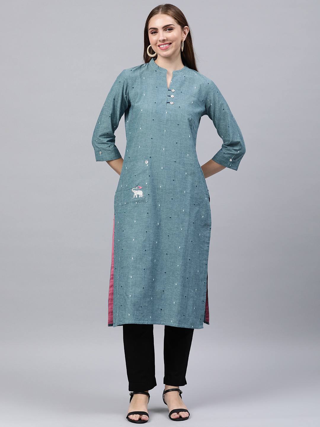 

araaliya Thread Work Dobby Pure Cotton Kurta, Blue