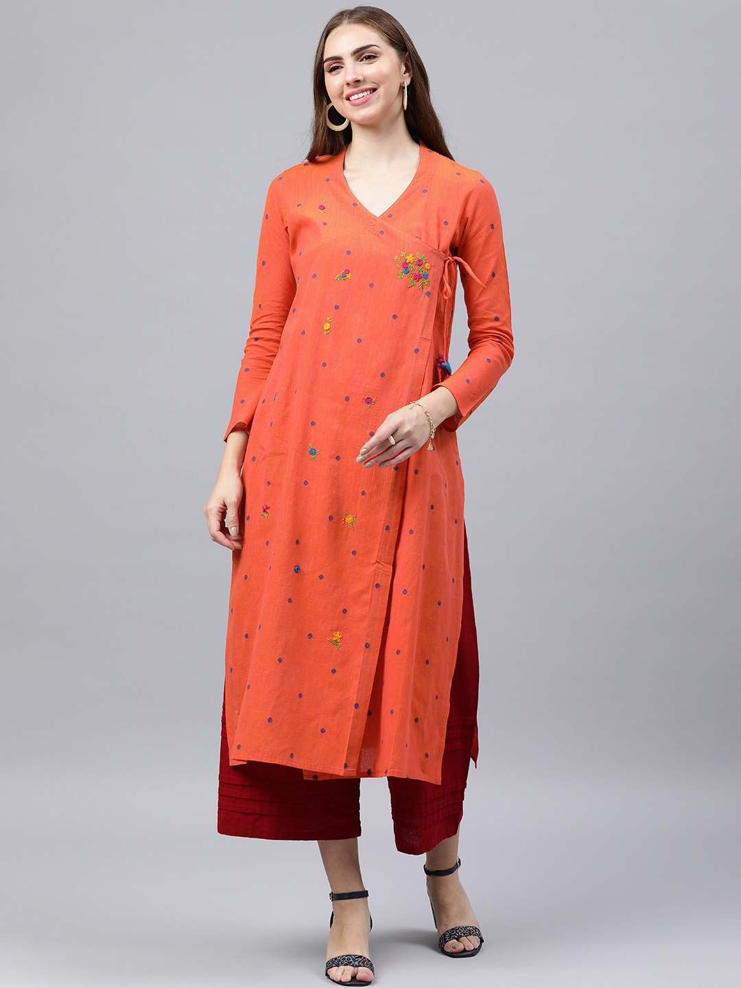 

araaliya Thread Work Floral Dobby Pure Cotton Kurta, Orange