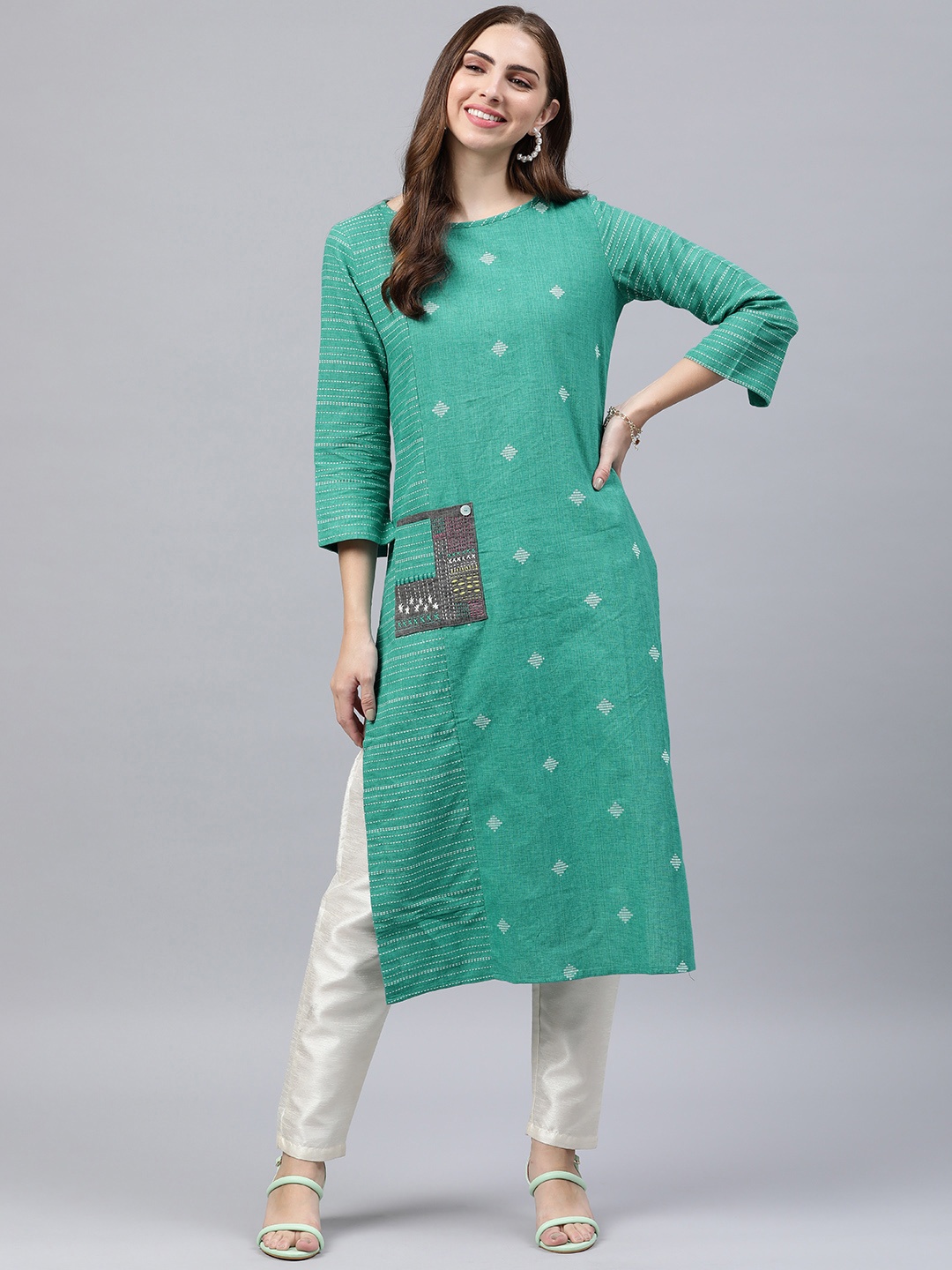 

araaliya Embroidered Kantha Work Dobby Pure Cotton Kurta, Teal