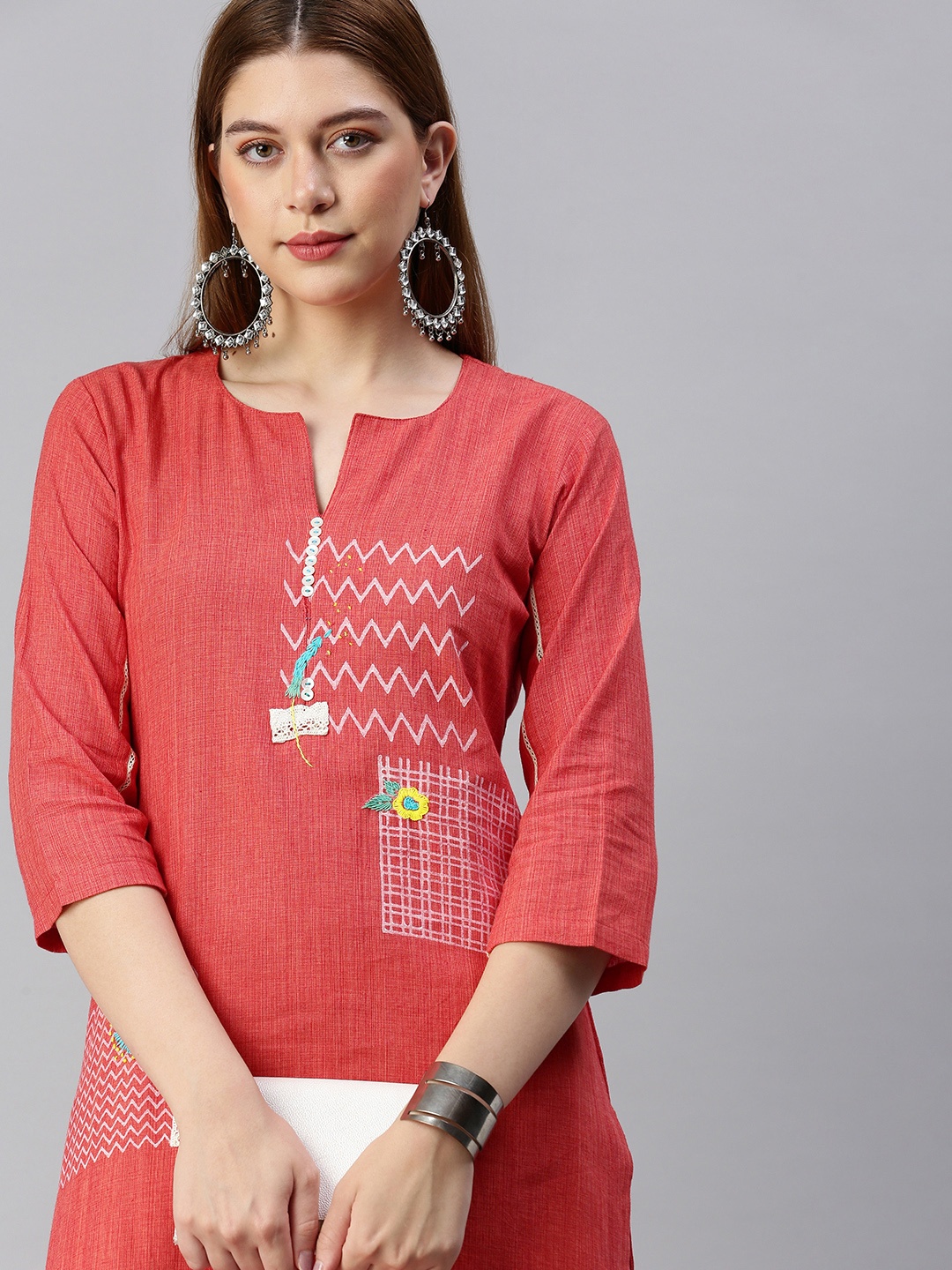 

araaliya Women Chevron Printed Thread Work Kurta, Coral