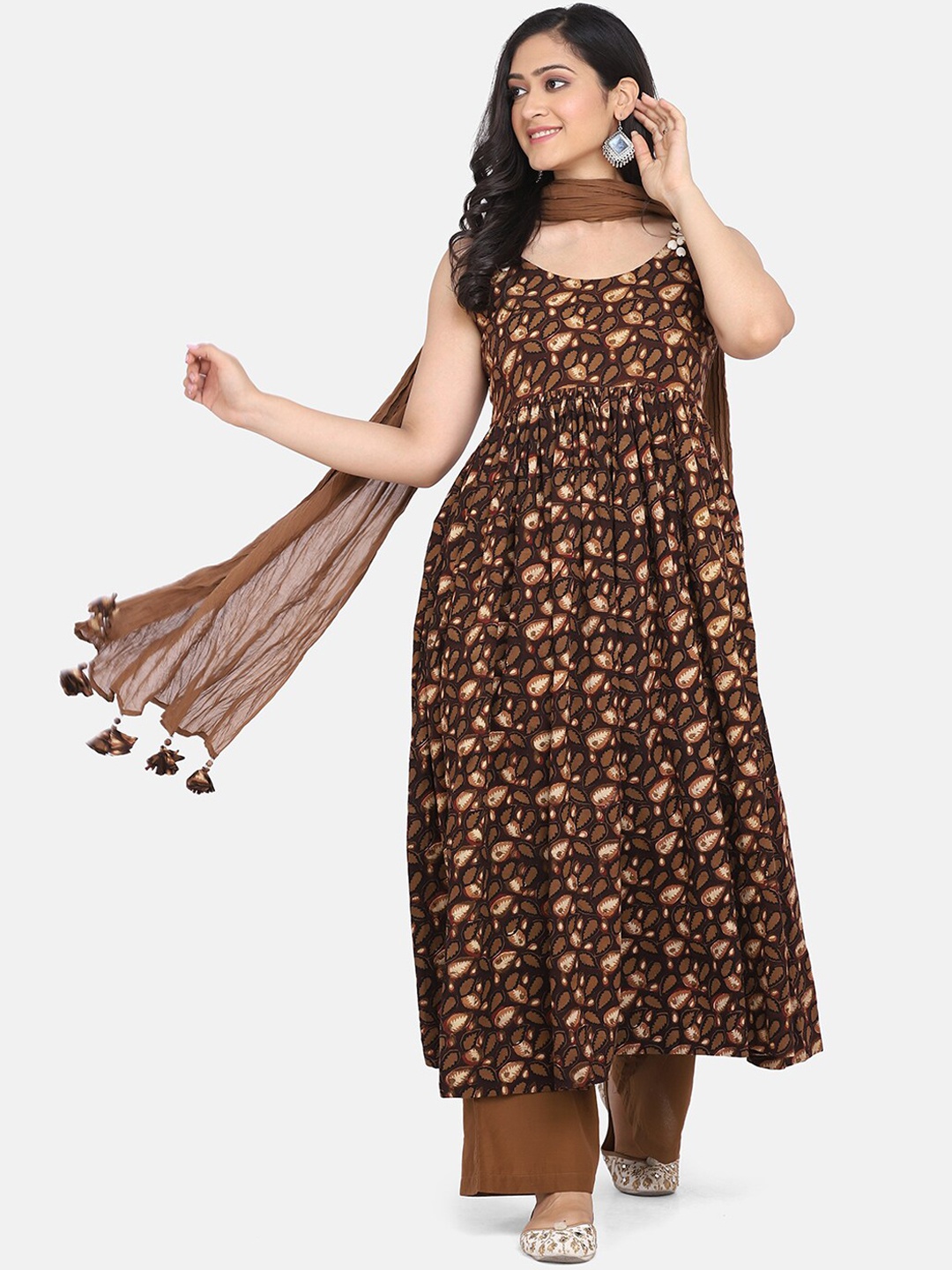 

Saanjh Brown Ethnic Motifs Printed Pleated Pure Cotton Kurta With Palazzos & With Dupatta