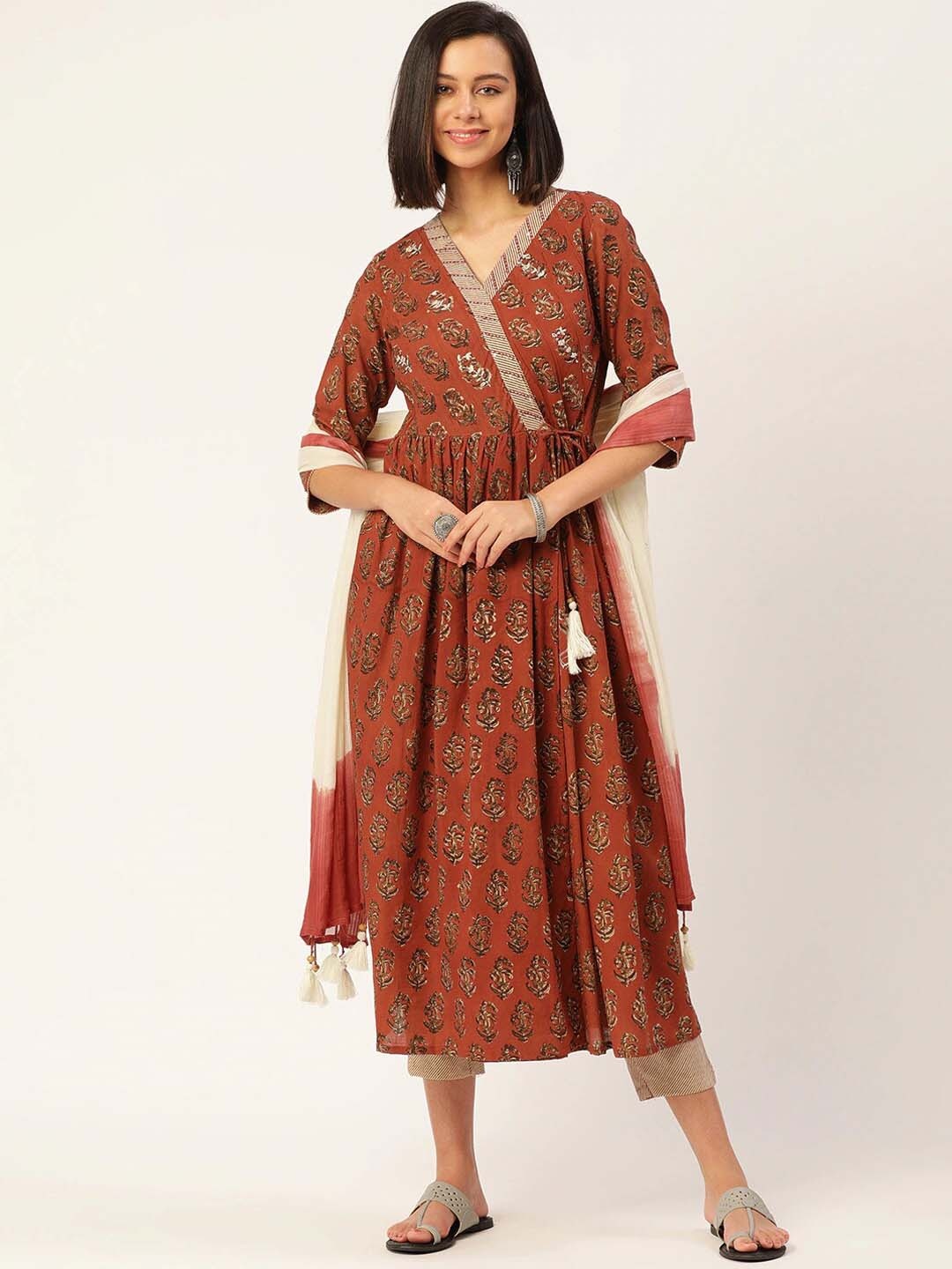 

Saanjh Maroon Floral Printed Angrakha Pure Cotton Kurta With Trousers & Dupatta