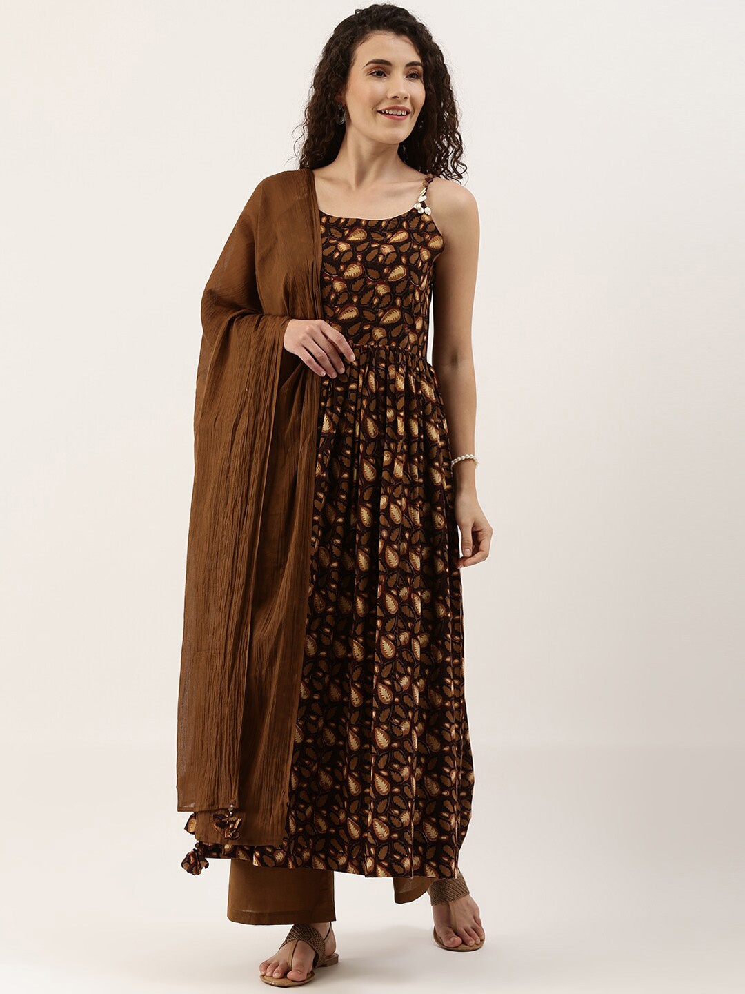 

KALINI Ethnic Motifs Printed Pleated Pure Cotton Kurta with Palazzos & With Dupatta, Brown