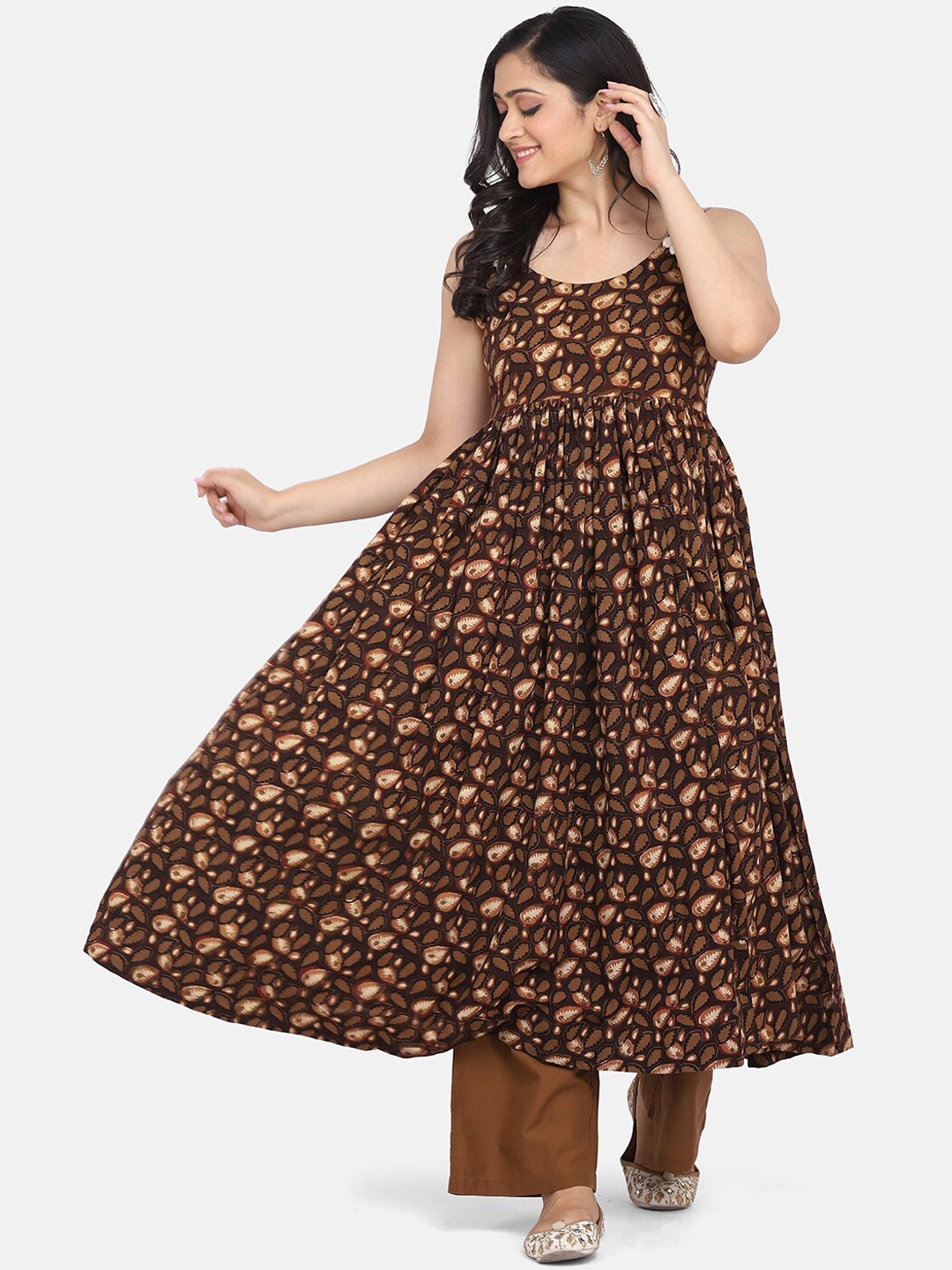 

KALINI Floral Printed Pure Cotton Kurta With Palazzos & Dupatta, Brown