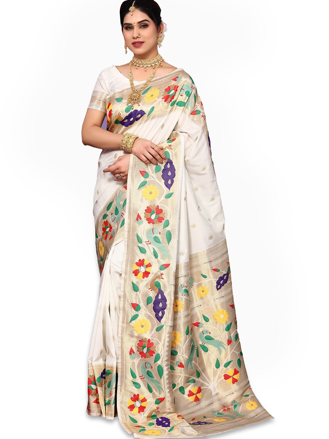 

Ekta Textiles Floral Printed Zari Pure Silk Banarasi Saree, White