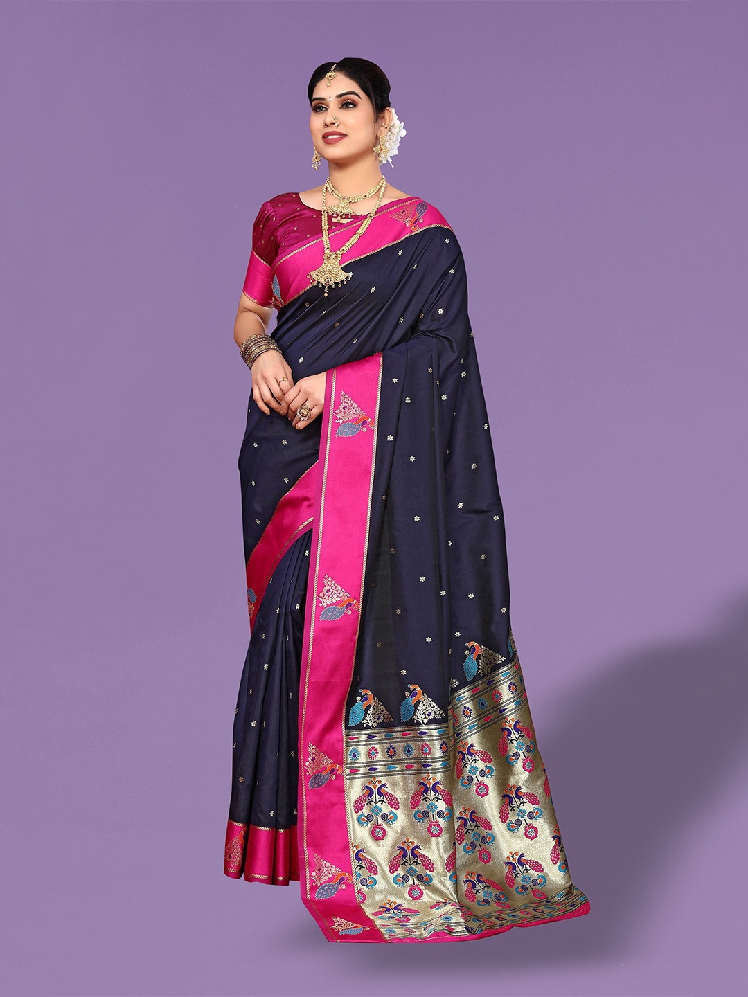 

Ekta Textiles Woven Design Zari Pure Silk Banarasi Saree, Navy blue