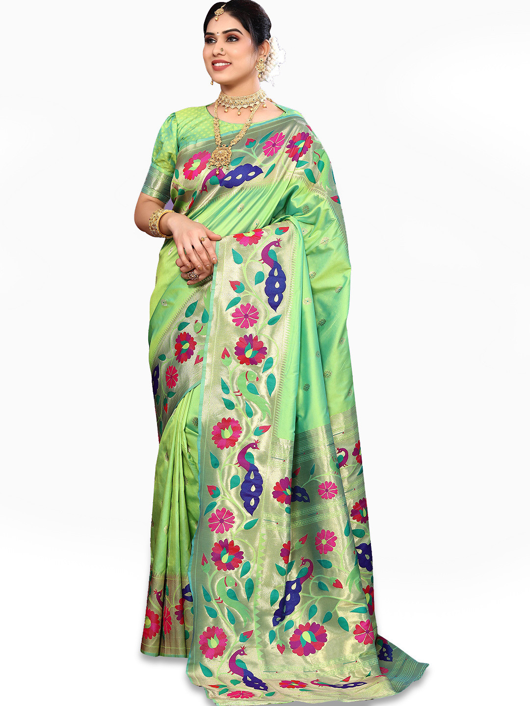 

Ekta Textiles Floral Printed Zari Pure Silk Banarasi Saree, Green