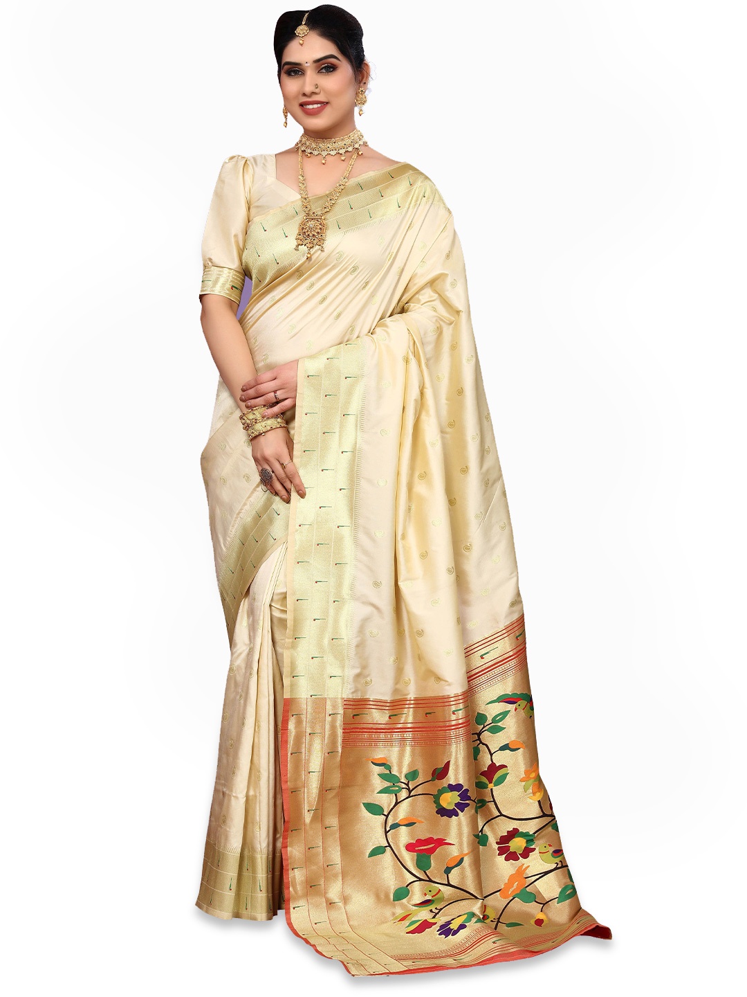 

Ekta Textiles Floral Printed Zari Pure Silk Banarasi Saree, Cream