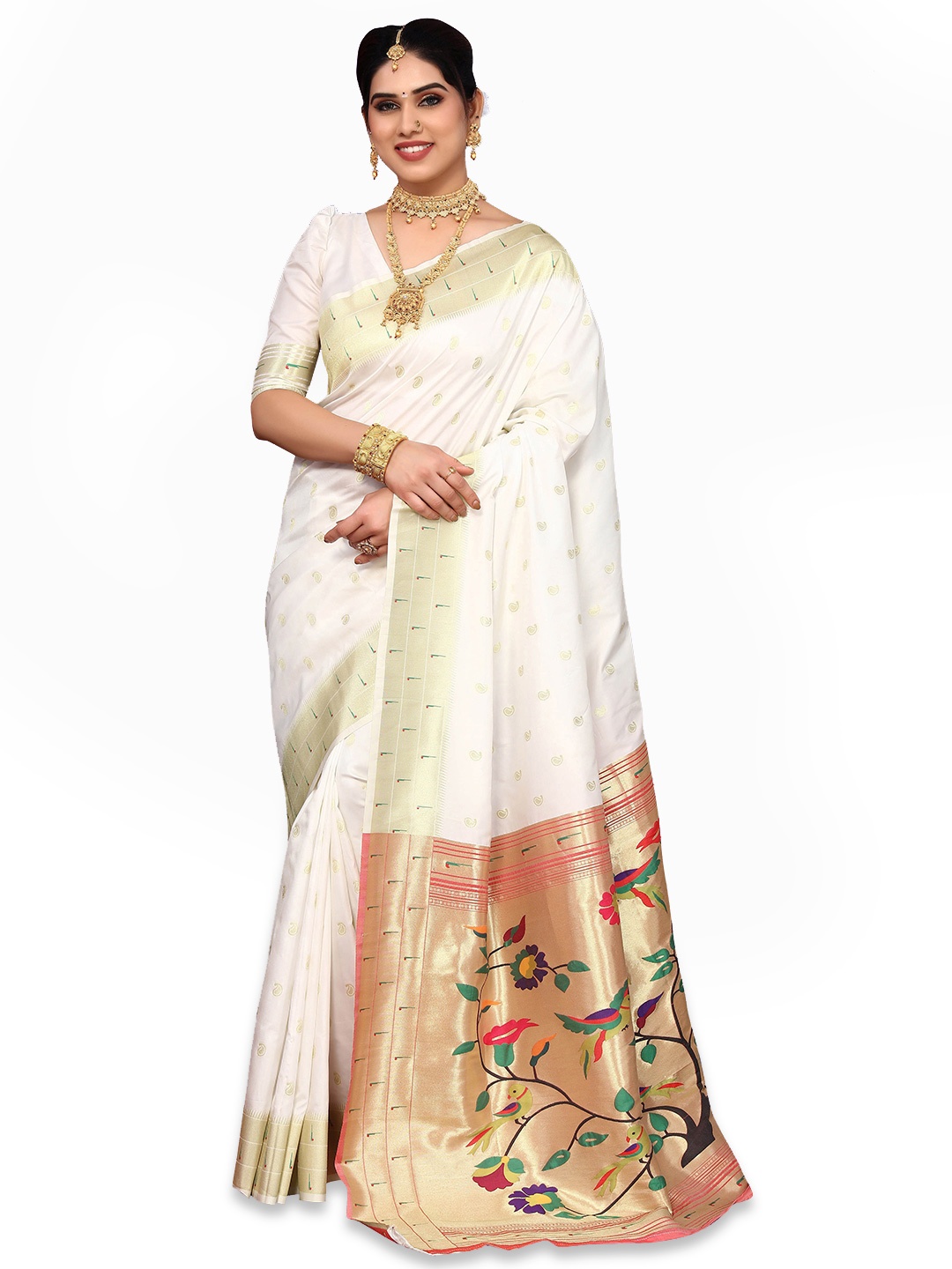

Ekta Textiles Floral Printed Zari Pure Silk Banarasi Saree, White