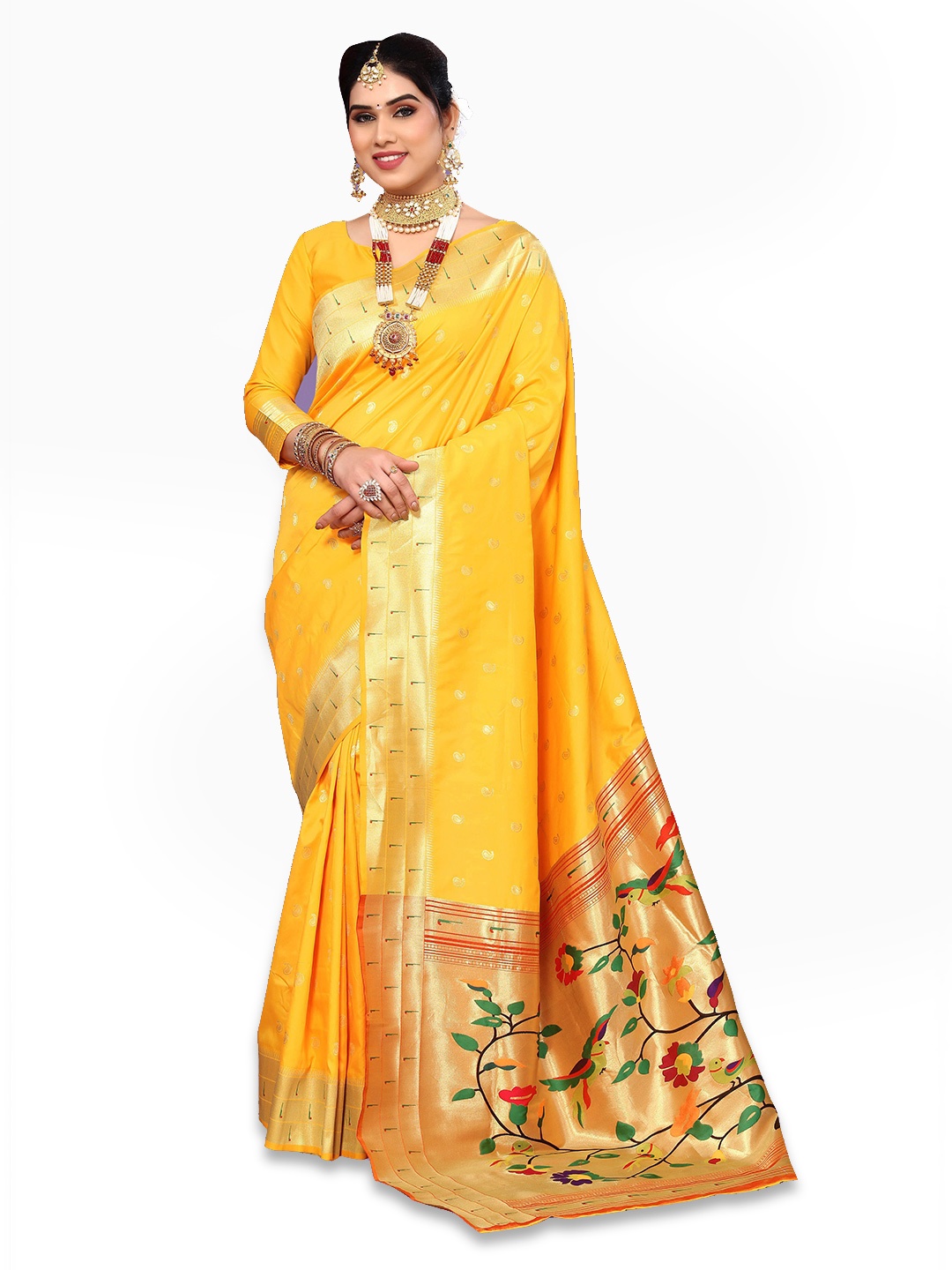 

Ekta Textiles Floral Printed Zari Pure Silk Banarasi Saree, Yellow