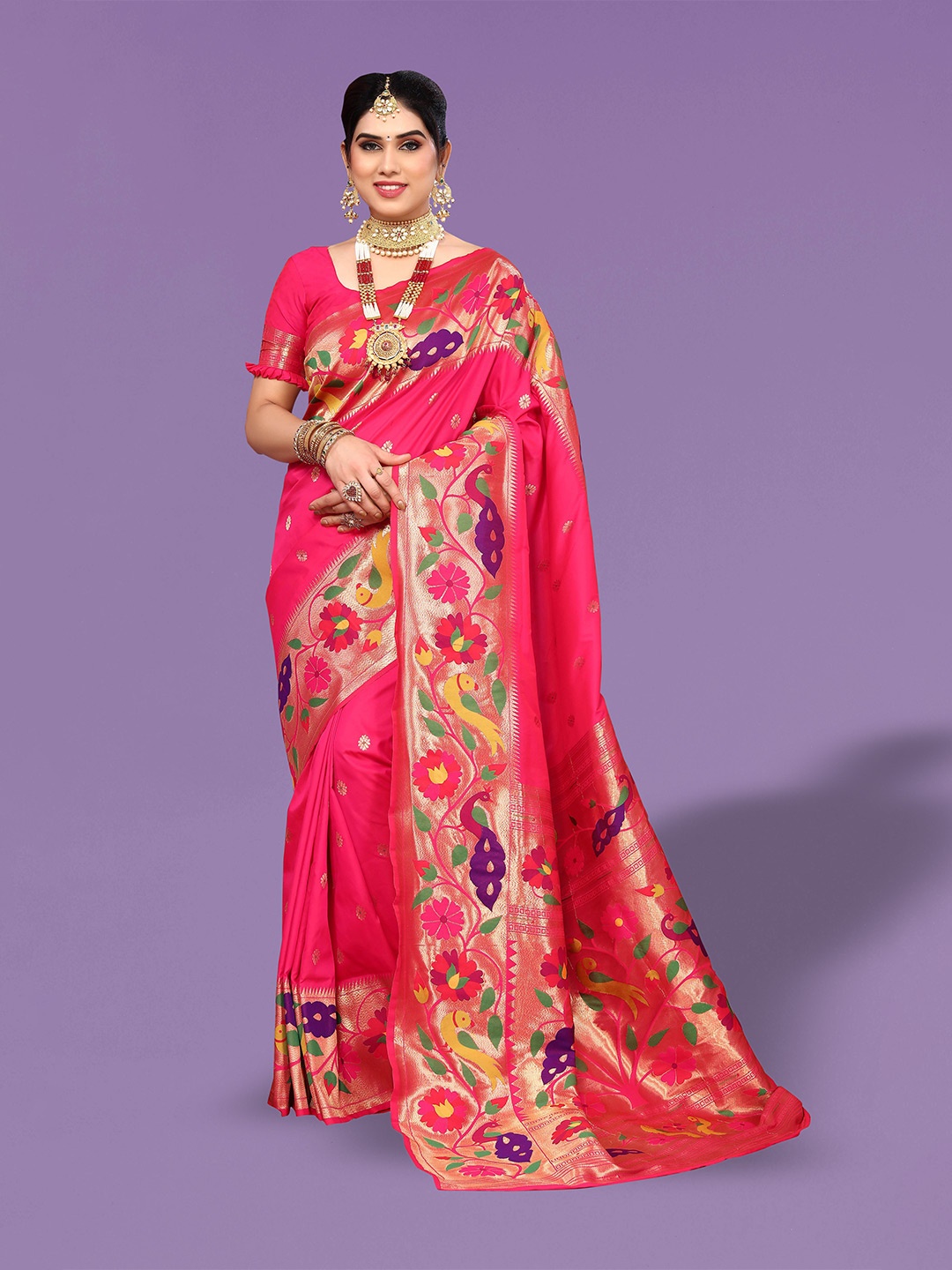 

Ekta Textiles Ethnic Motifs Woven Design Zari Pure Silk Banarasi Saree, Pink