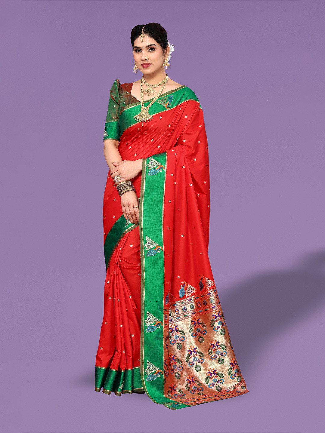 

Ekta Textiles Ethnic Motifs Woven Design Zari Pure Silk Banarasi Saree, Red