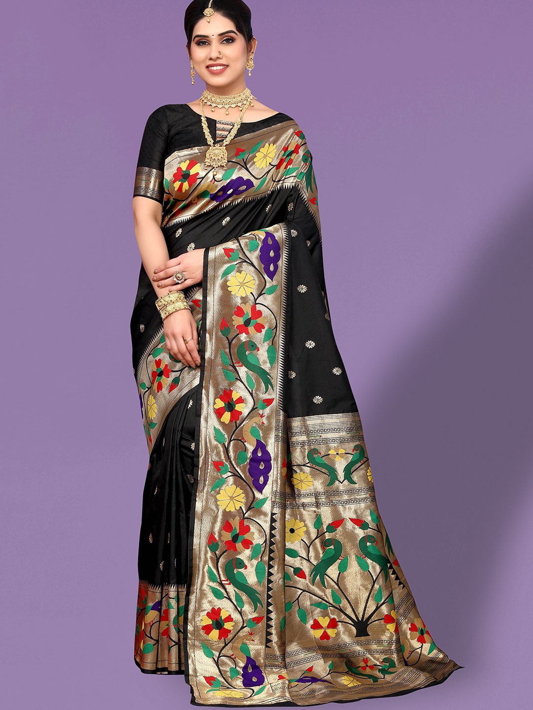 

Ekta Textiles Ethnic Motifs Woven Design Zari Pure Silk Banarasi Saree, Black