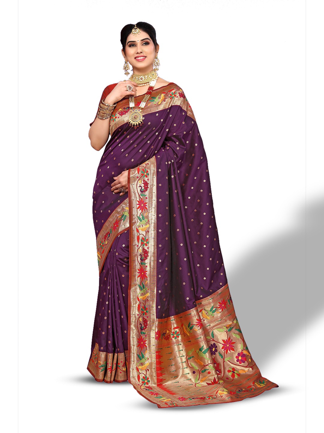 

Ekta Textiles Ethnic Motifs Woven Design Zari Pure Silk Banarasi Saree, Purple