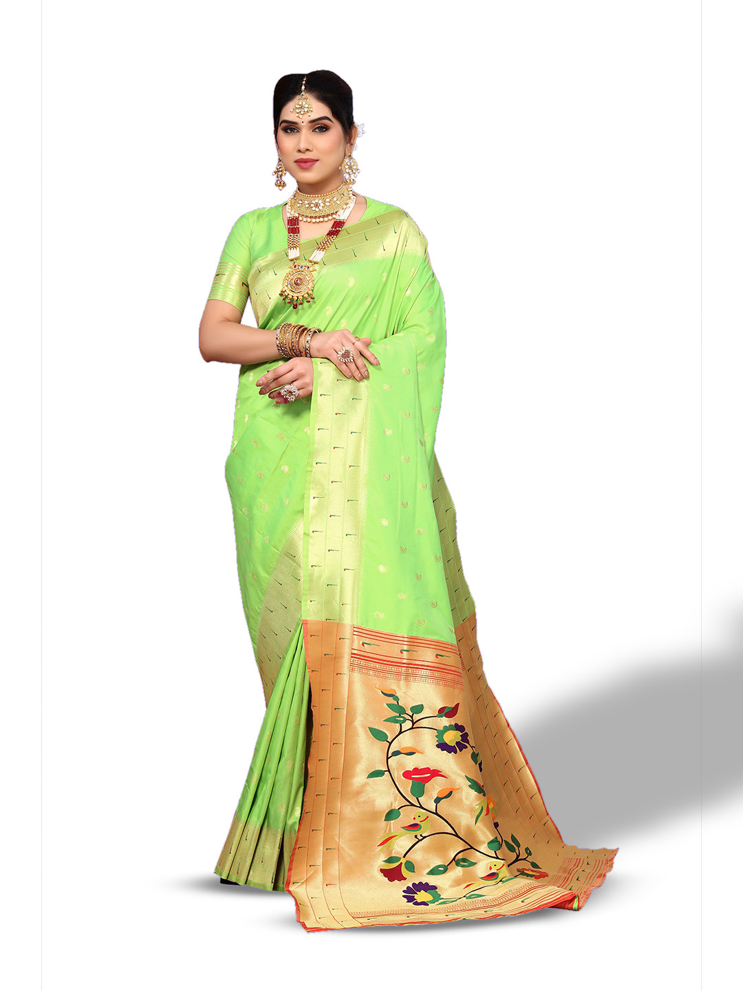 

Ekta Textiles Ethnic Motifs Woven Design Zari Pure Silk Banarasi Saree, Green