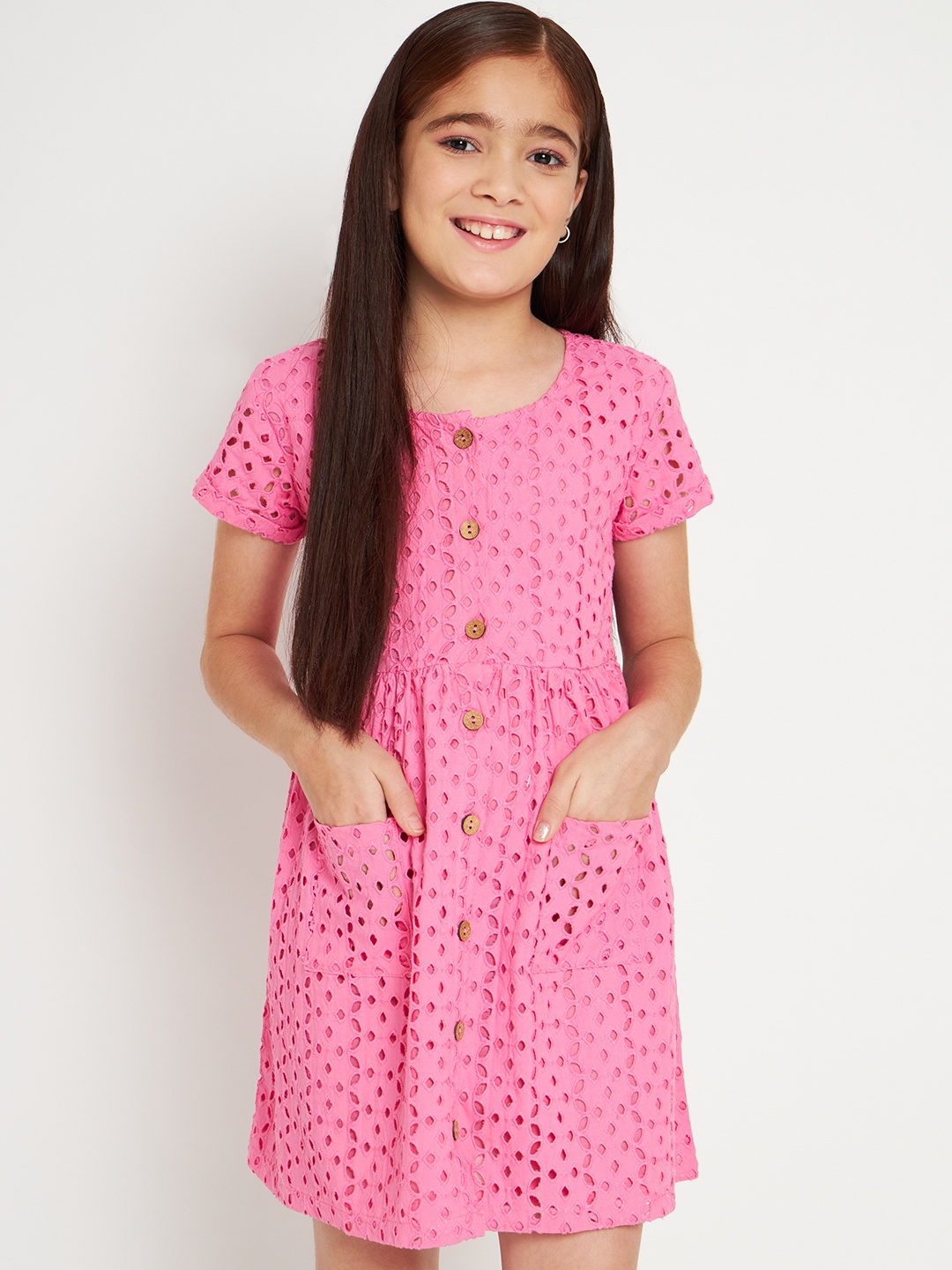 

HERE&NOW Pink GIRLS Self Design Gathered Detailed Cotton Fit & Flare Dress