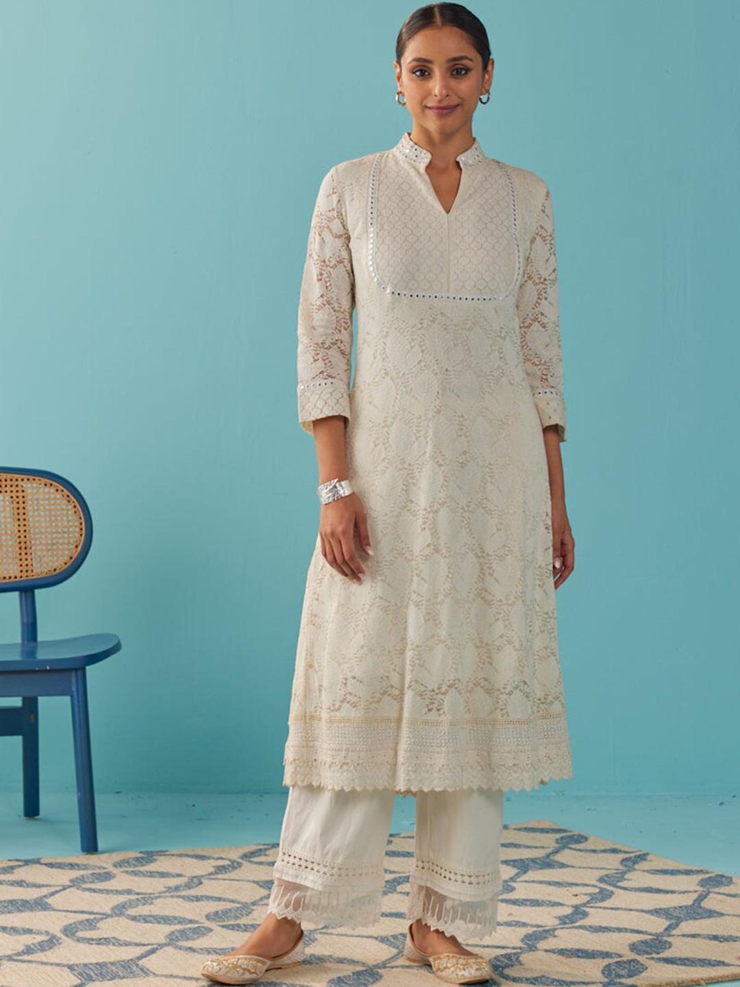 

Lakshita Floral Motifs Self Design Anarkali Kurta, Off white