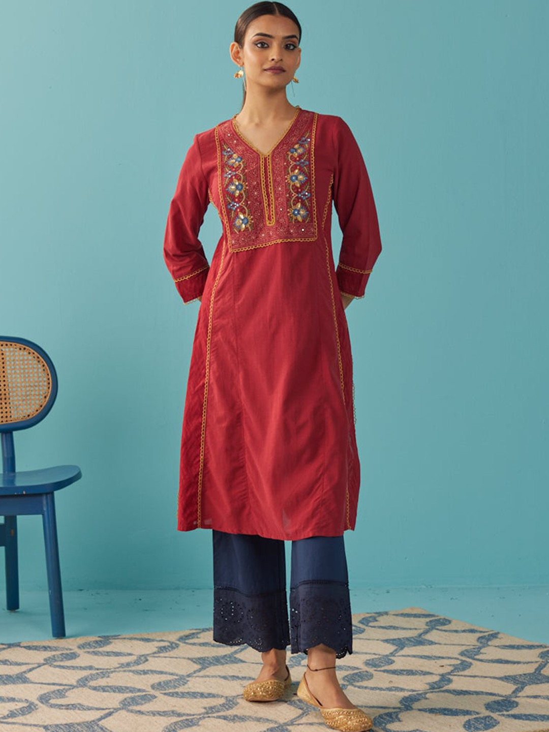 

Lakshita Embroidered Yoke Design Thread Work Floral Straight Kurta, Red