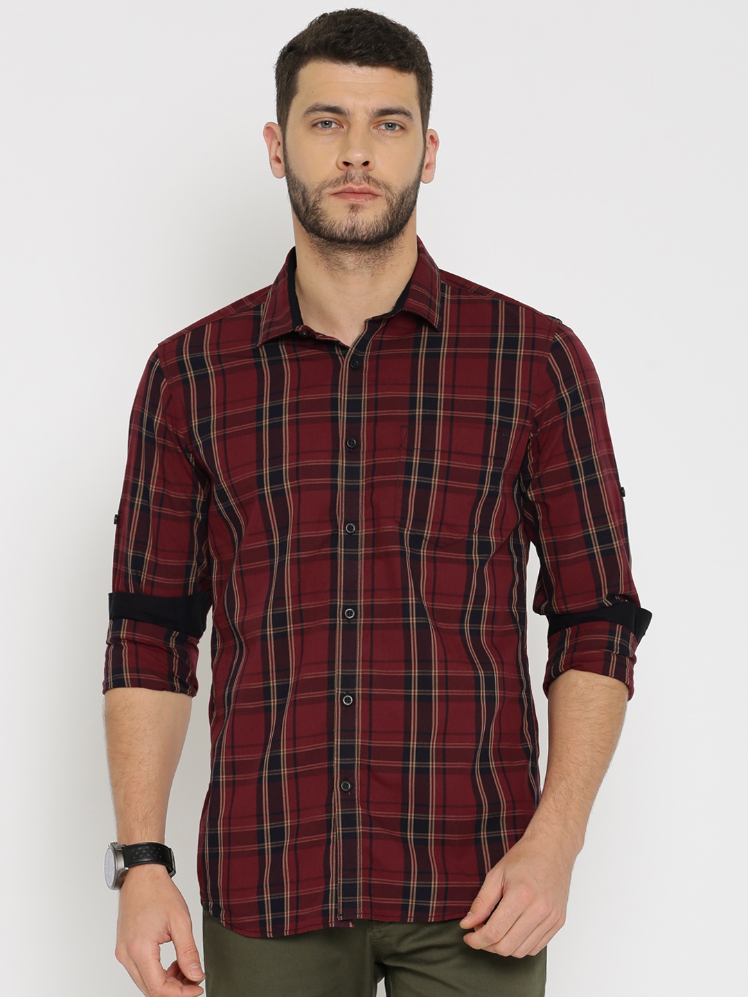 

HIGHLANDER Men Maroon & Navy Blue Slim Fit Checked Casual Shirt