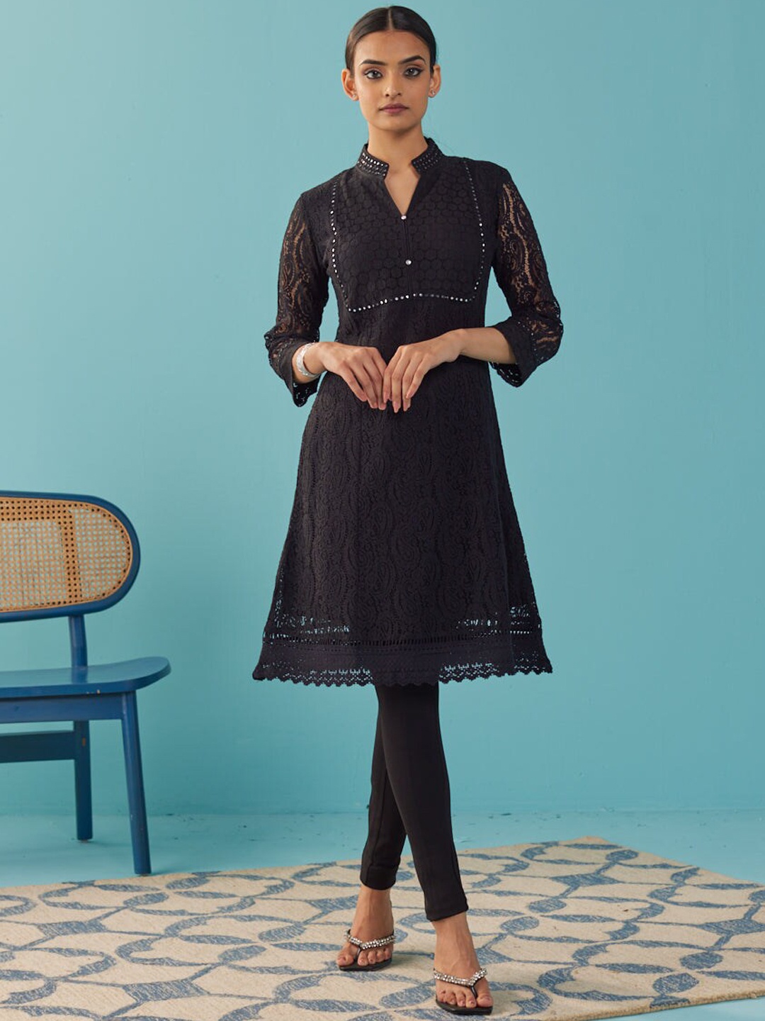 

Lakshita Woven Design Mirror Work Straight Kurta, Black