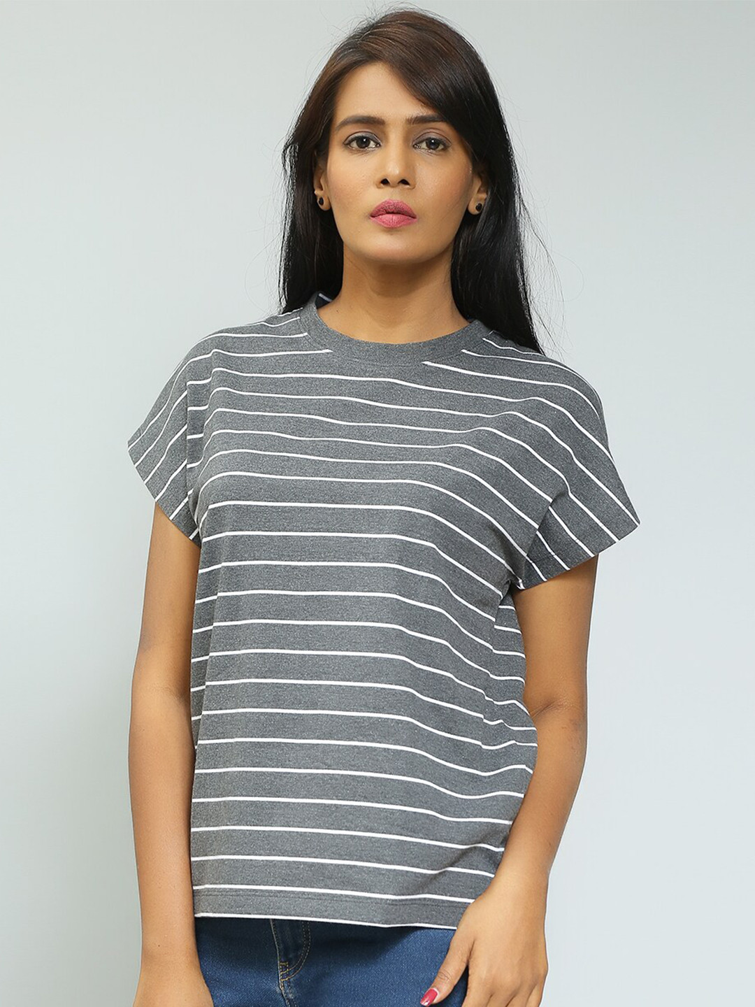 

Mast & Harbour Charcoal Striped Relaxed Fit Extended Sleeves Pure Cotton T-shirt