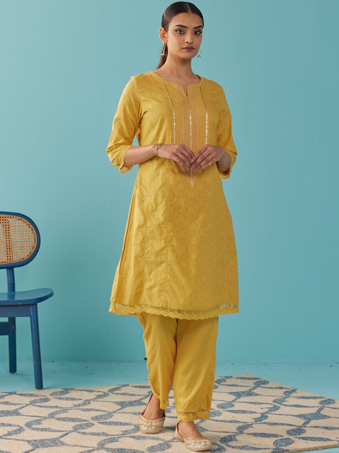 

Lakshita Embroidered Sequinned Pure Cotton Kurta with Trousers, Mustard