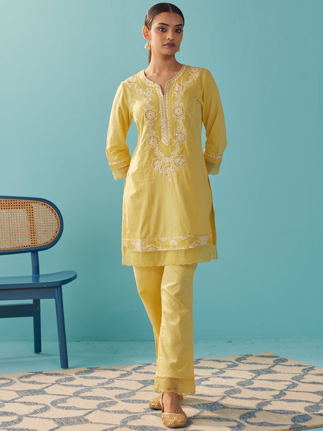 

Lakshita Embroidered Thread Work Kurta with Trousers, Yellow