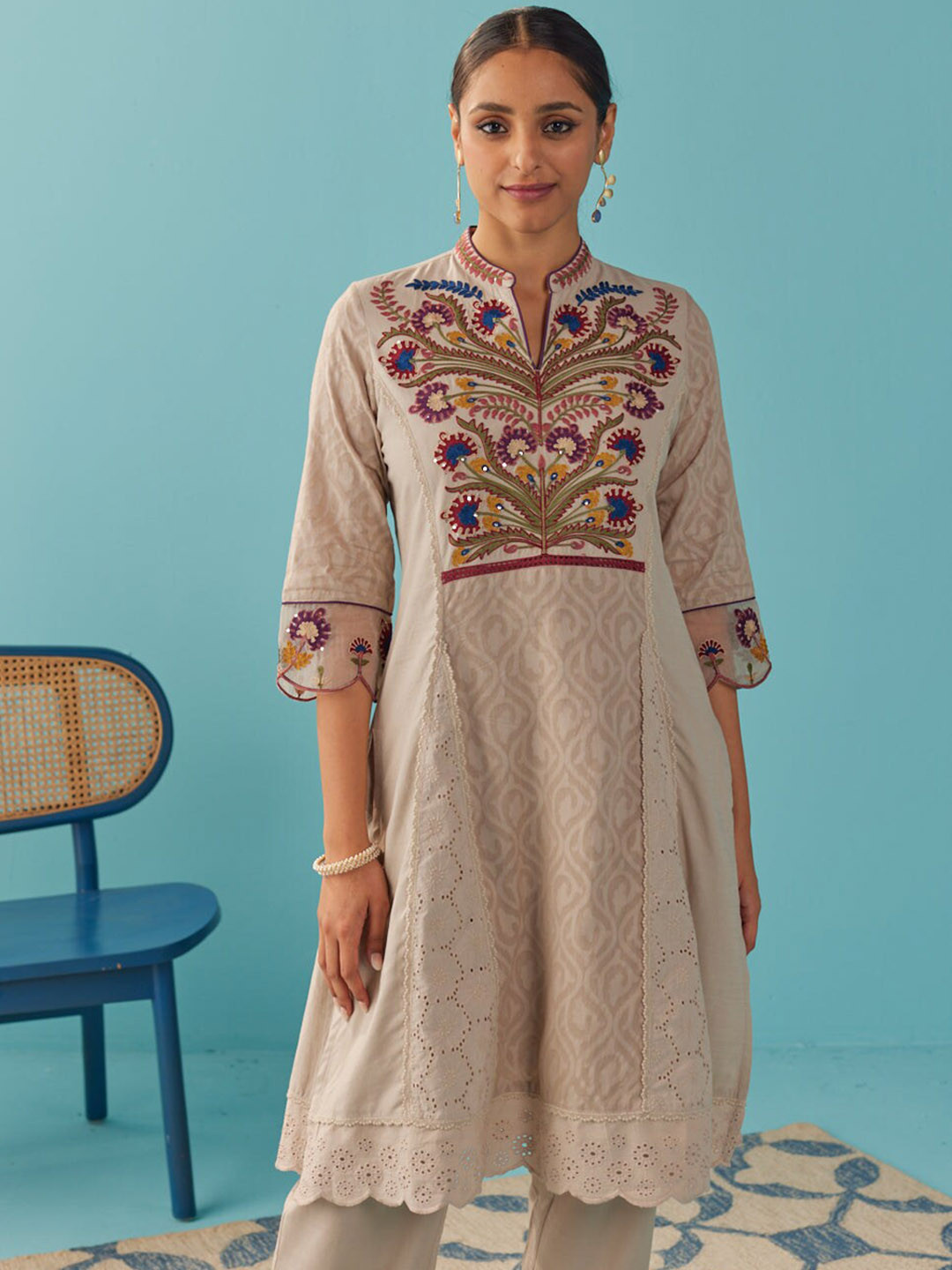 

Lakshita Floral Embroidered Panelled Pure Cotton Kurta With Trousers, Beige