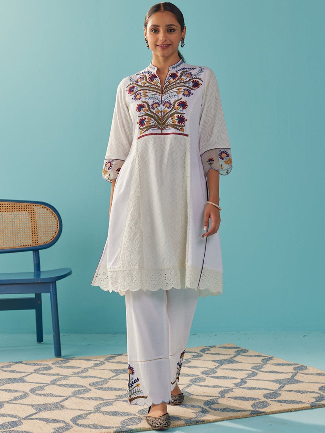 

Lakshita Floral Embroidered Panelled Thread Work Kurta with Trousers, Off white
