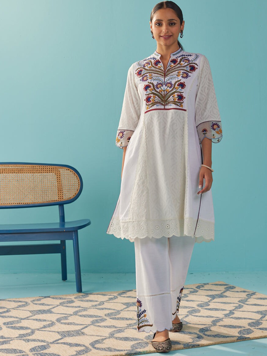 

Lakshita Floral Embroidered Panelled Thread Work Kurta with Trousers, Off white