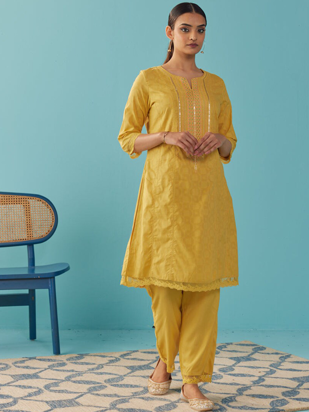 

Lakshita Embroidered Regular Pure Cotton Kurta With Trousers, Mustard