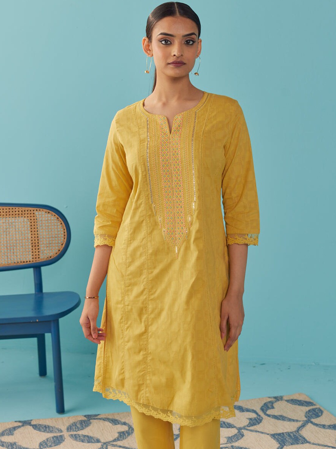 

Lakshita Embroidered Sequinned Pure Cotton Kurta with Trousers, Mustard