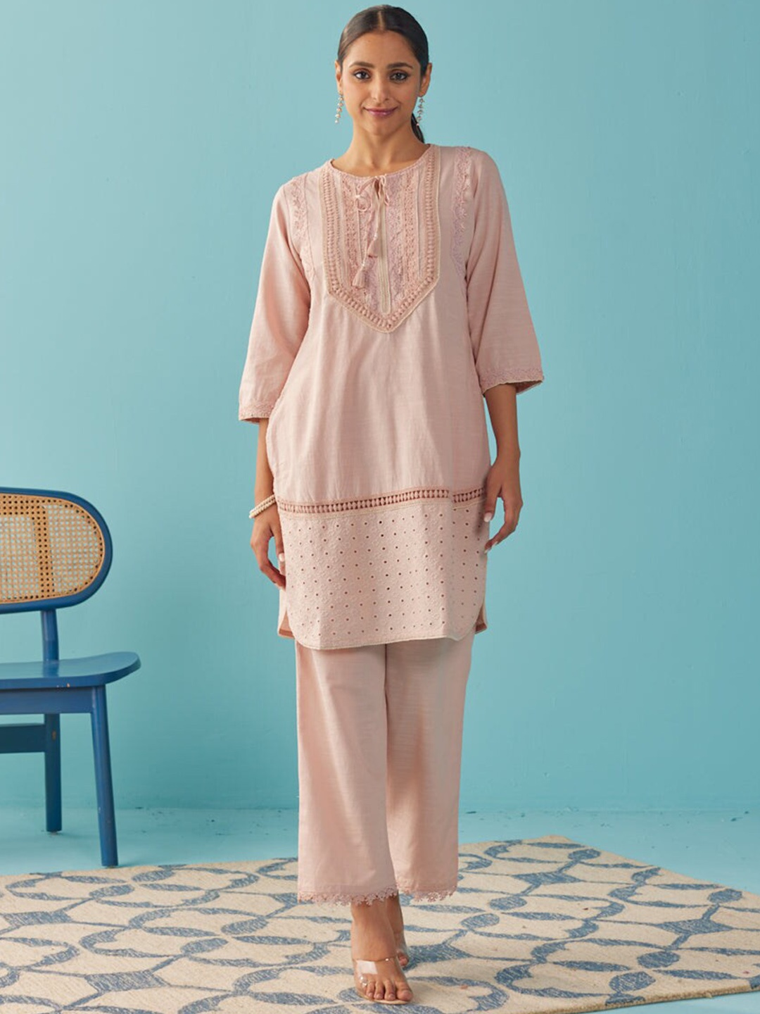 

Lakshita Embroidered Thread Work Kurta with Trousers, Peach