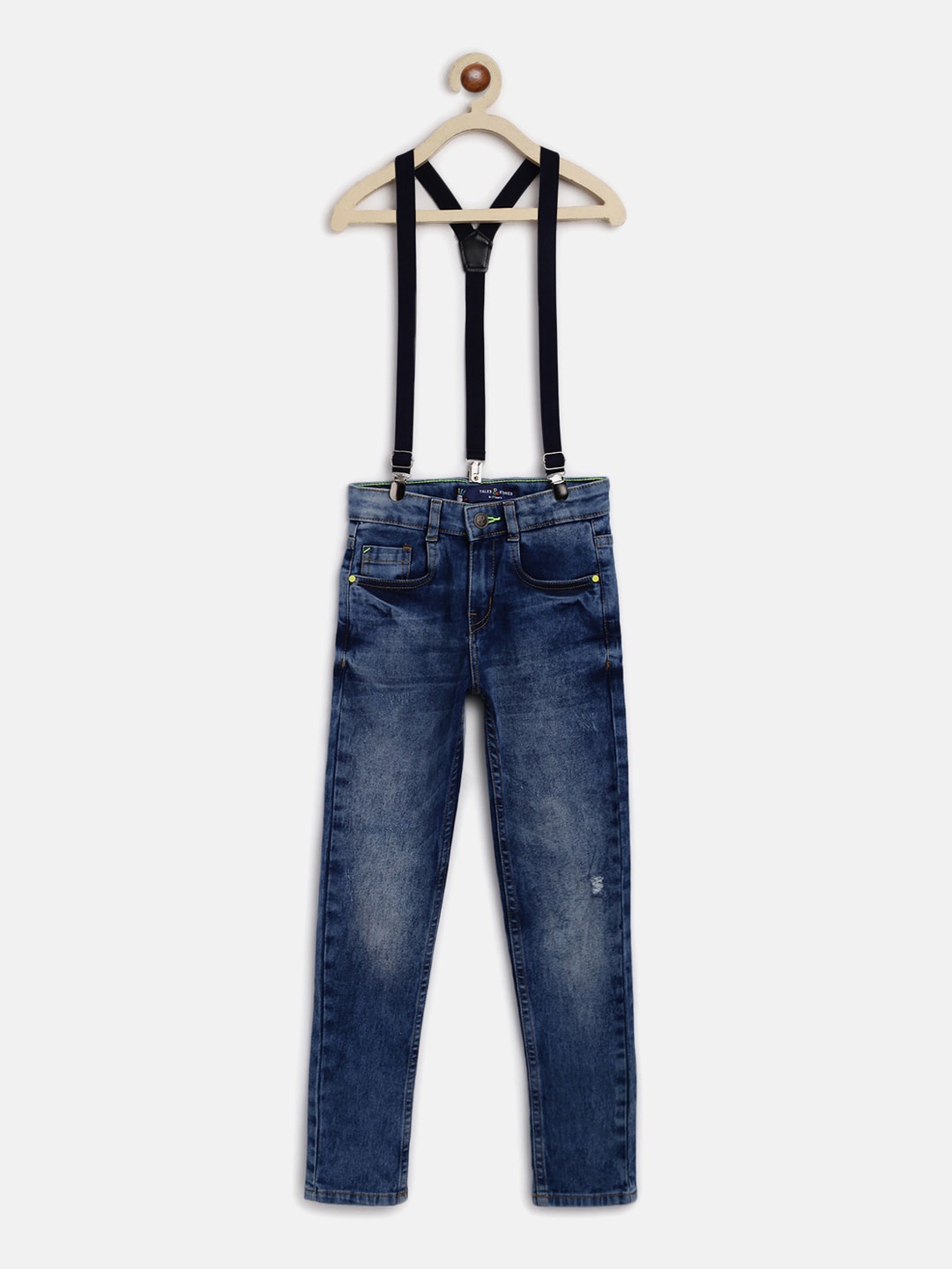 

TALES & STORIES Boys Slim Fit Mildly Distressed Stretchable Jeans With Suspenders, Blue