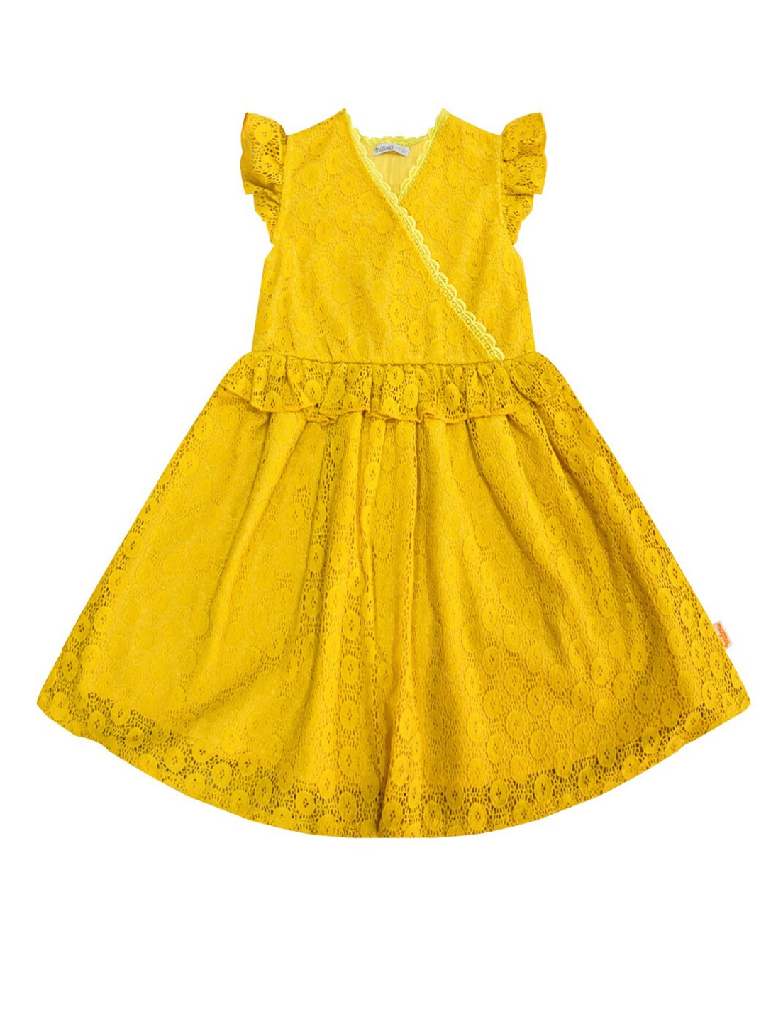 

milou Girls Self Design V-Neck Flutter Sleeves Pure Cotton Fit & Flare Dress, Mustard